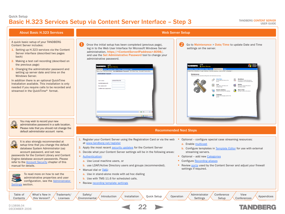About basic h.323 services, Web server setup, Recommended next steps | TANDBERG CONTENT SERVER D13898.04 User Manual | Page 22 / 143