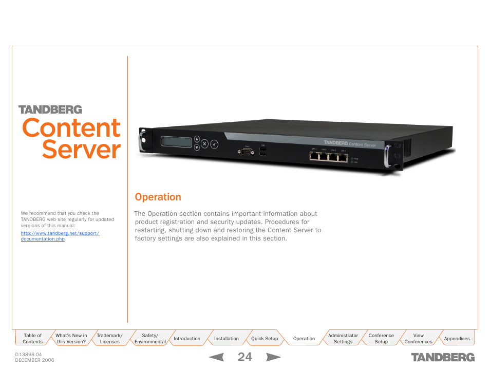 Operation, Content server | TANDBERG CONTENT SERVER D13898.04 User Manual | Page 24 / 143