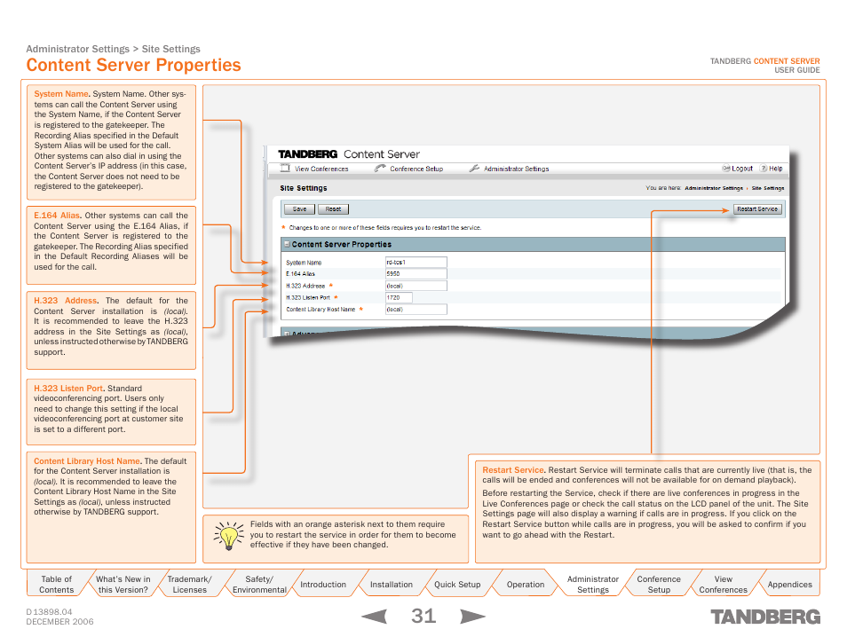 Content server properties | TANDBERG CONTENT SERVER D13898.04 User Manual | Page 31 / 143