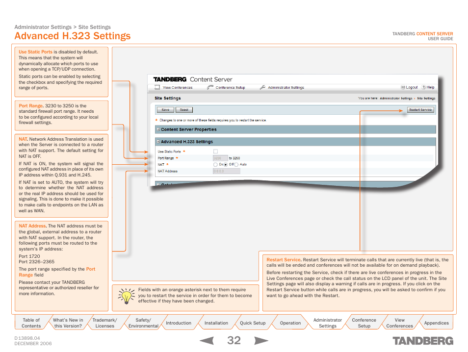 Advanced h.323 settings, Advanced h. settings | TANDBERG CONTENT SERVER D13898.04 User Manual | Page 32 / 143