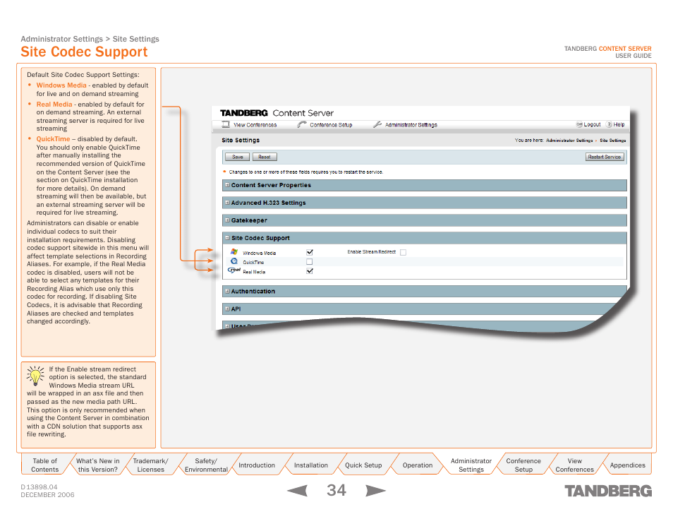 Site codec support | TANDBERG CONTENT SERVER D13898.04 User Manual | Page 34 / 143