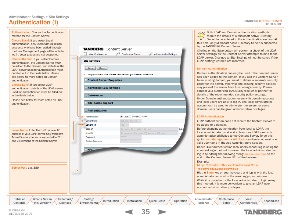 Authentication (i), Authentication | TANDBERG CONTENT SERVER D13898.04 User Manual | Page 35 / 143