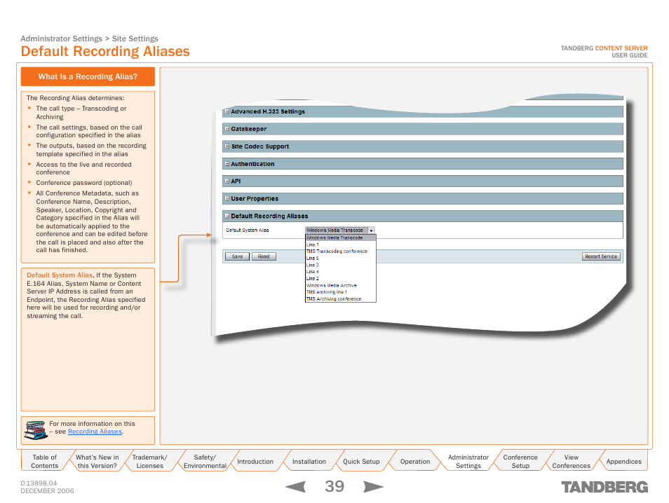 Default recording aliases, What is a recording alias | TANDBERG CONTENT SERVER D13898.04 User Manual | Page 39 / 143