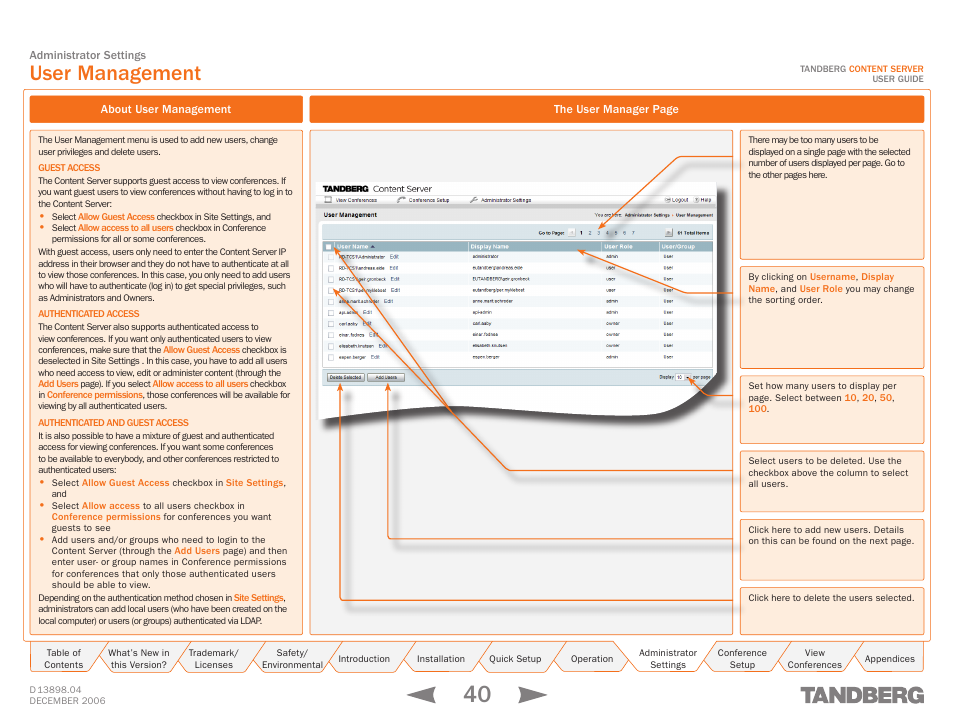 User management, About user management | TANDBERG CONTENT SERVER D13898.04 User Manual | Page 40 / 143