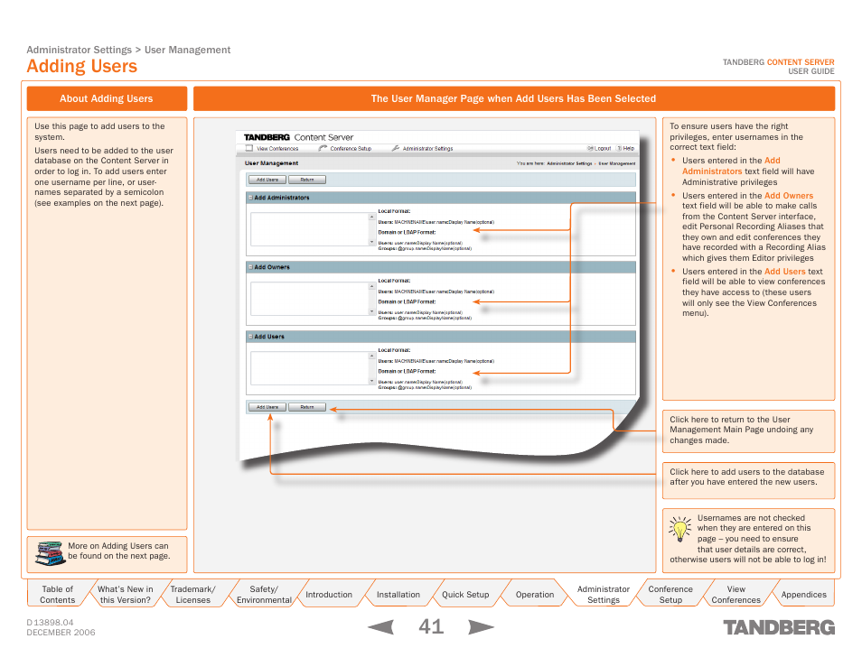 Adding users, About adding users, When add users has been selected | TANDBERG CONTENT SERVER D13898.04 User Manual | Page 41 / 143