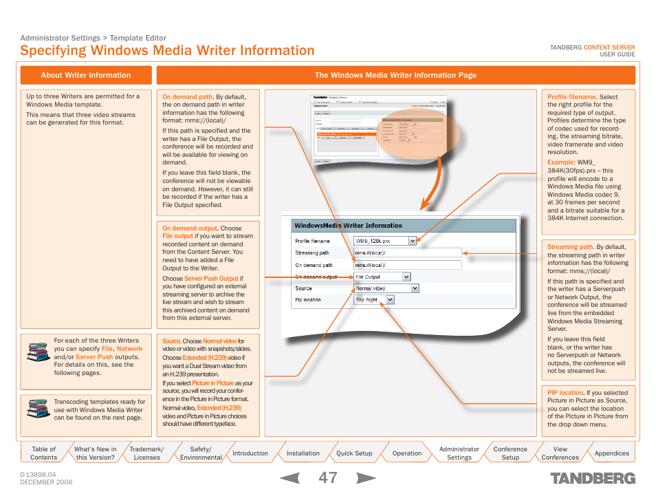 Specifying windows media writer information, About writer information, Windows media | TANDBERG CONTENT SERVER D13898.04 User Manual | Page 47 / 143