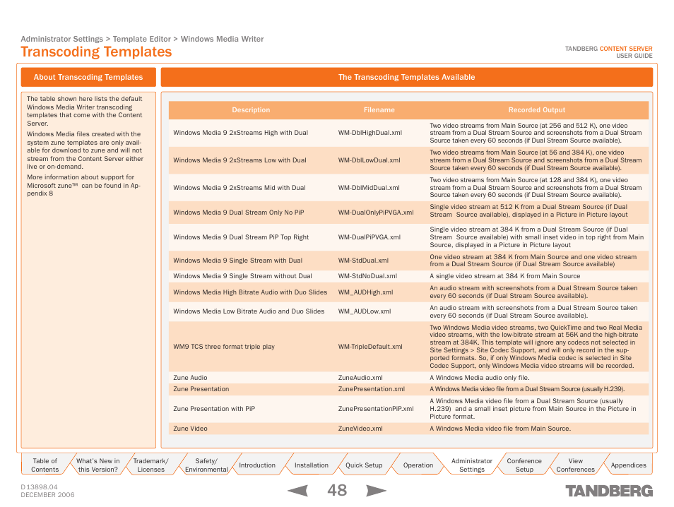 Transcoding templates, About transcoding templates, The transcoding templates available | Description, Filename, Recorded output | TANDBERG CONTENT SERVER D13898.04 User Manual | Page 48 / 143