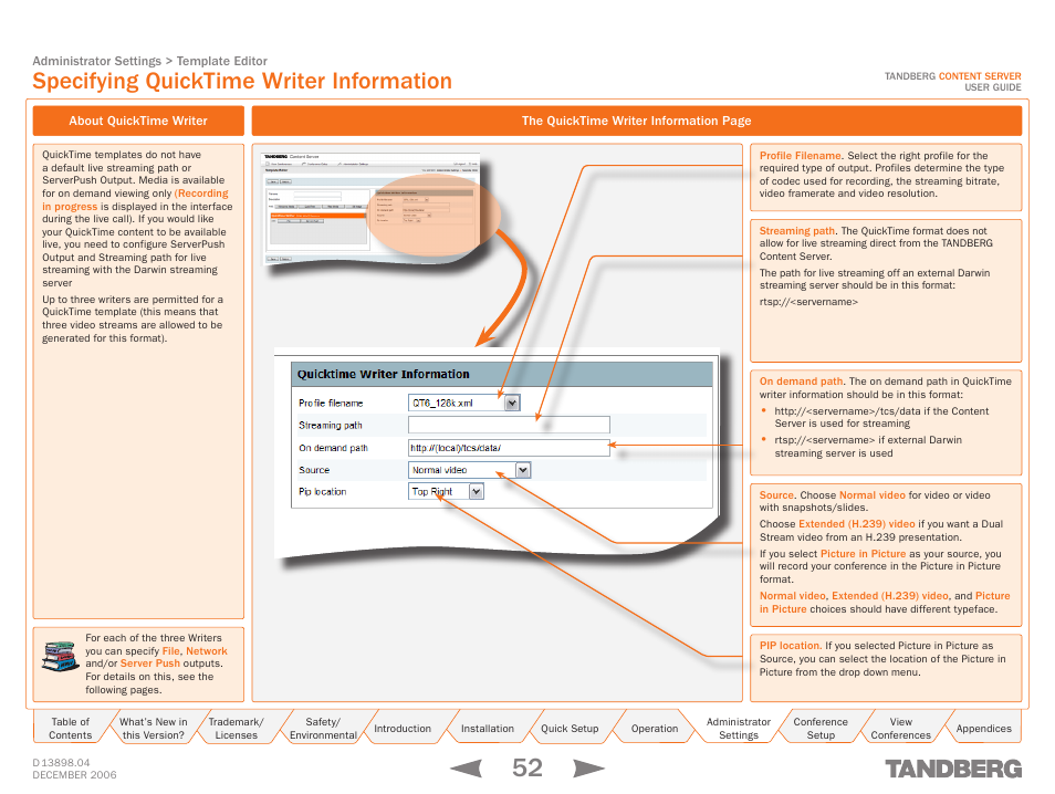 Specifying quicktime writer information, About quicktime writer, Quicktime | TANDBERG CONTENT SERVER D13898.04 User Manual | Page 52 / 143