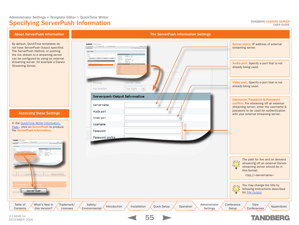 Specifying serverpush information, About serverpush information, Accessing these settings | The serverpush information settings | TANDBERG CONTENT SERVER D13898.04 User Manual | Page 55 / 143