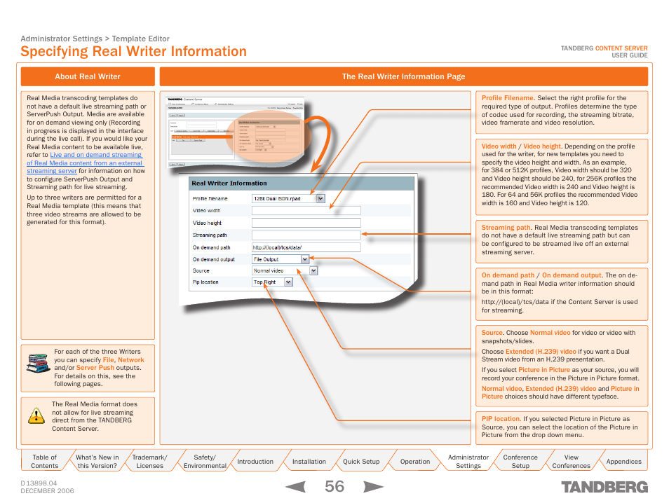 Specifying real writer information, About real writer, Real | Media | TANDBERG CONTENT SERVER D13898.04 User Manual | Page 56 / 143