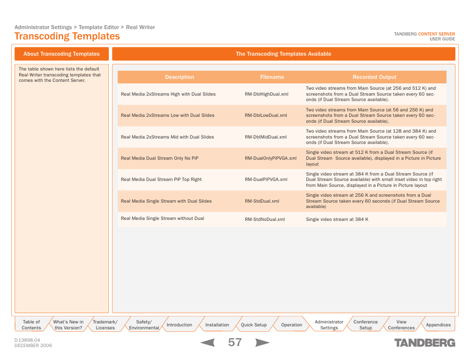 Transcoding templates, About transcoding templates, The transcoding templates available | Description, Filename, Recorded output | TANDBERG CONTENT SERVER D13898.04 User Manual | Page 57 / 143