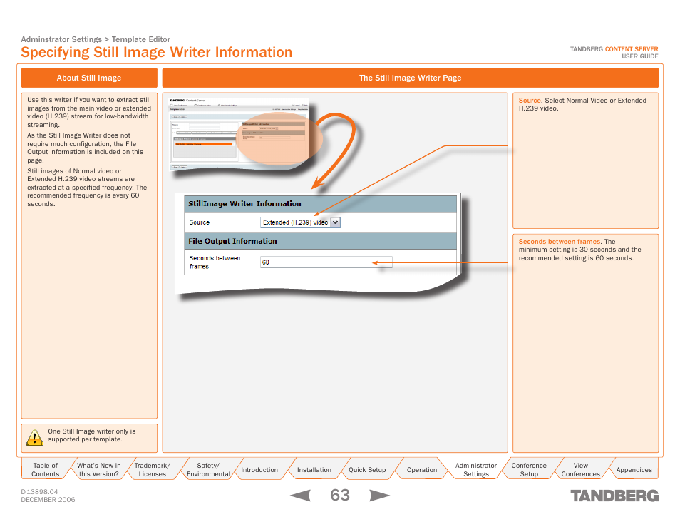 Specifying still image writer information, About still image, Still image | Writer section | TANDBERG CONTENT SERVER D13898.04 User Manual | Page 63 / 143