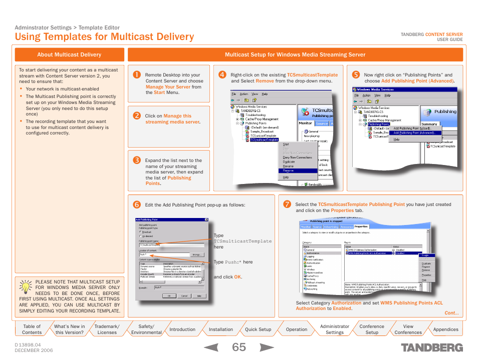 Using templates for multicast delivery, About multicast delivery, Multicast setup for windows media streaming server | Multicast | TANDBERG CONTENT SERVER D13898.04 User Manual | Page 65 / 143