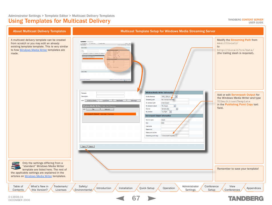 Using templates for multicast delivery, About multicast delivery templates, Streaming server | TANDBERG CONTENT SERVER D13898.04 User Manual | Page 67 / 143