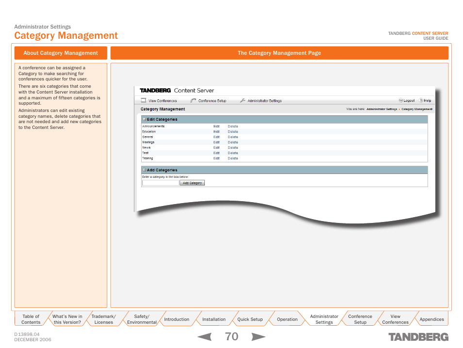 Category management, About category management, Categories | TANDBERG CONTENT SERVER D13898.04 User Manual | Page 70 / 143