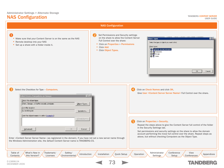 Nas configuration, Nas configuration nas configuration, Tcs nas wizard | TANDBERG CONTENT SERVER D13898.04 User Manual | Page 73 / 143