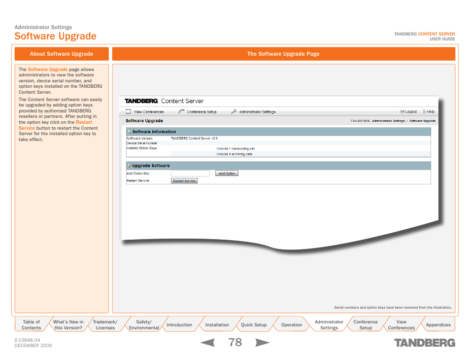 Software upgrade, About software upgrade | TANDBERG CONTENT SERVER D13898.04 User Manual | Page 78 / 143