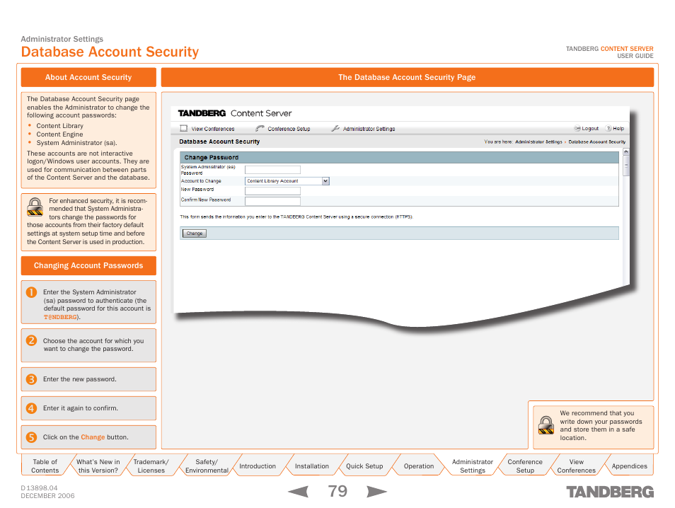 Database account security, About account security, Changing account passwords | Account security | TANDBERG CONTENT SERVER D13898.04 User Manual | Page 79 / 143