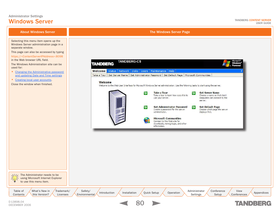 Windows server, About windows server, Windows server setup | TANDBERG CONTENT SERVER D13898.04 User Manual | Page 80 / 143