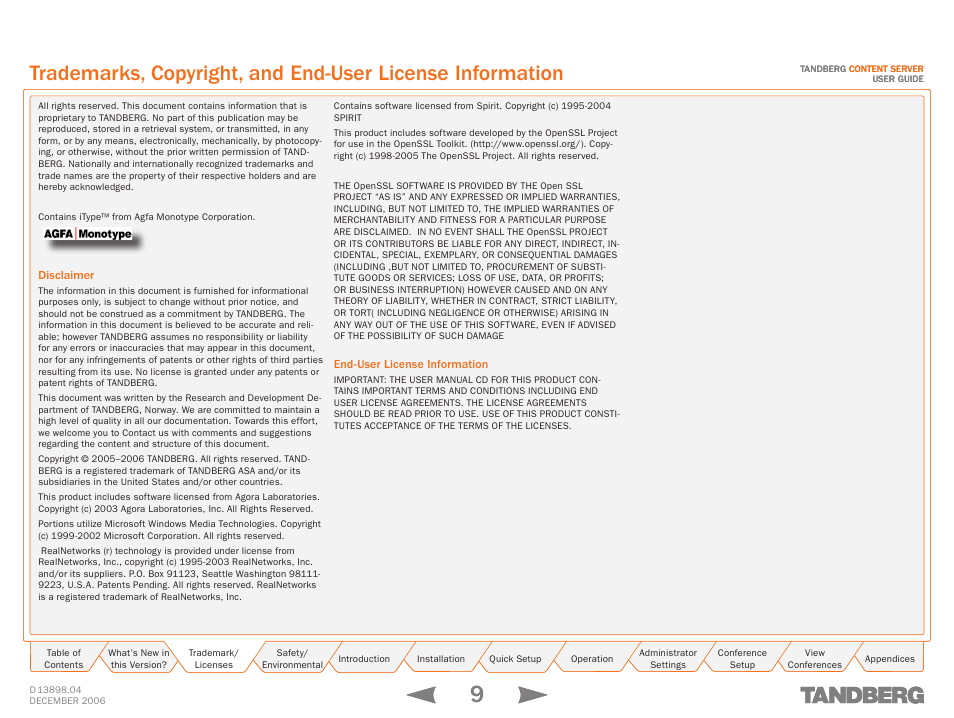Disclaimer, End-user license information, Disclaimer end-user license information | TANDBERG CONTENT SERVER D13898.04 User Manual | Page 9 / 143