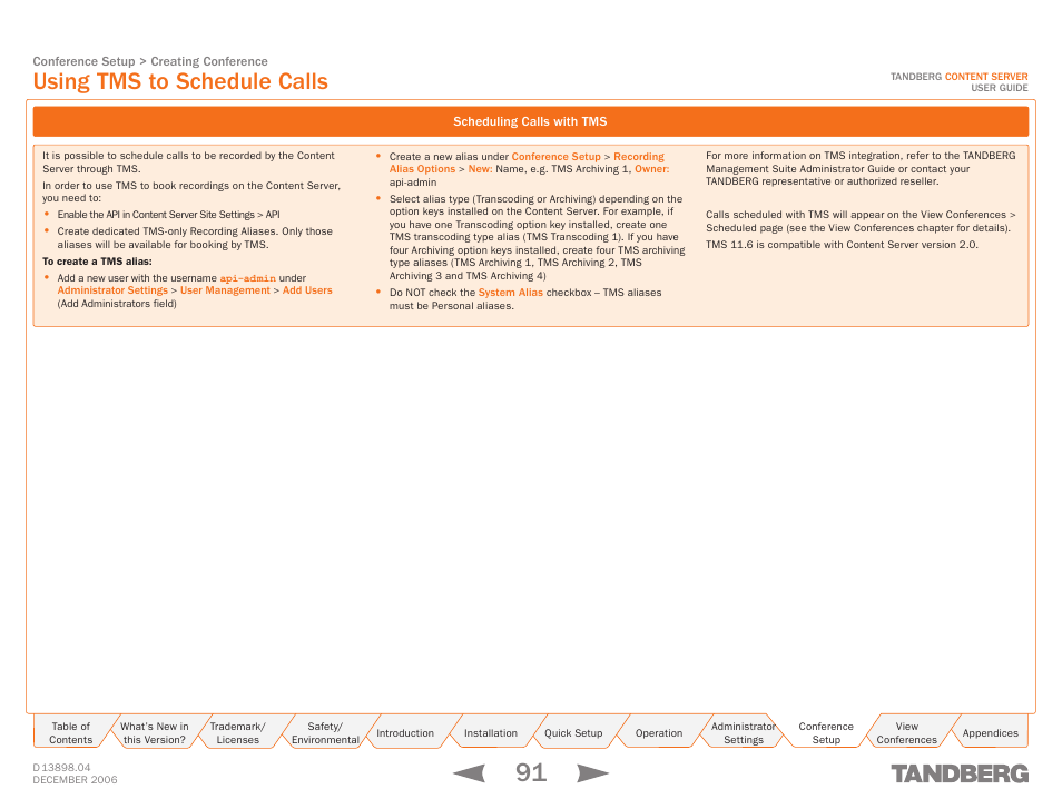 Using tms to schedule calls, Scheduling calls with tms | TANDBERG CONTENT SERVER D13898.04 User Manual | Page 91 / 143