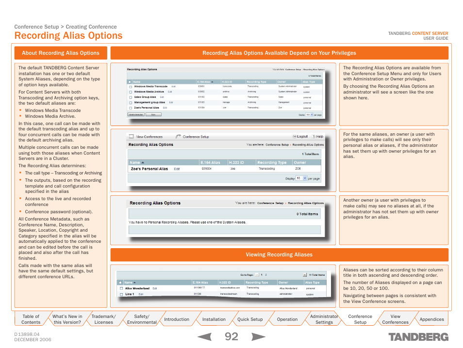 Recording alias options, About recording alias options, Viewing recording aliases | Recording aliases | TANDBERG CONTENT SERVER D13898.04 User Manual | Page 92 / 143