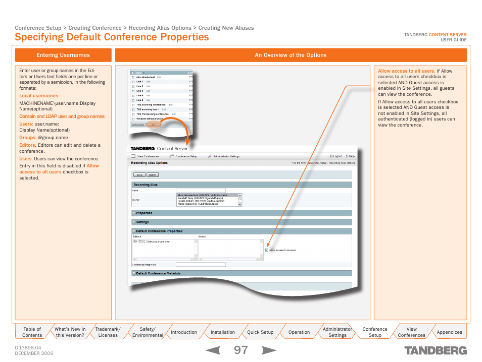 Specifying default conference properties, Entering usernames, An overview of the options | Entering usernames an overview of the options | TANDBERG CONTENT SERVER D13898.04 User Manual | Page 97 / 143