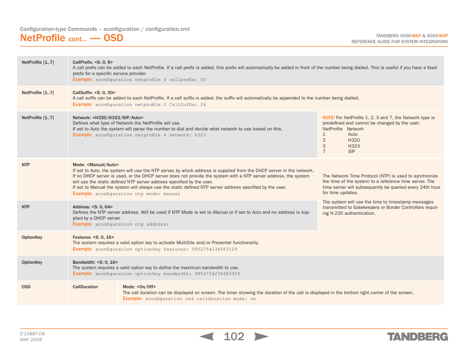 Optionkey, Osd callduration mode: <on/off, Ntp optionkey osd | Netprofile, Cont | TANDBERG 6000MXP User Manual | Page 102 / 242