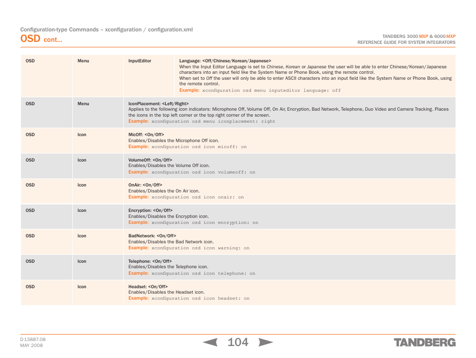 Osd menu iconplacement: <left/right, Cont | TANDBERG 6000MXP User Manual | Page 104 / 242