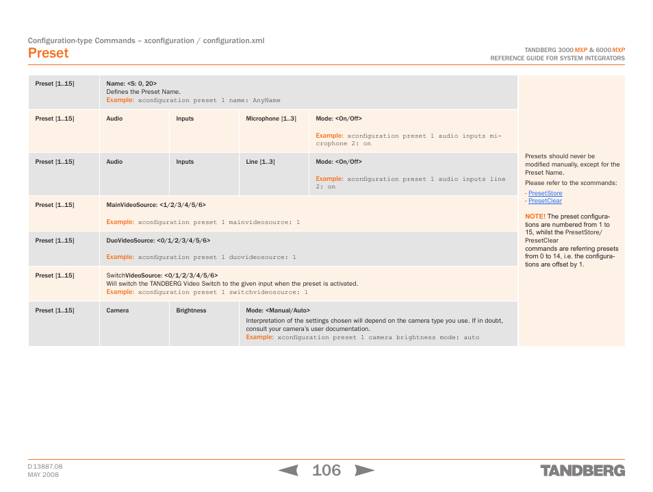 Preset [1, Preset | TANDBERG 6000MXP User Manual | Page 106 / 242