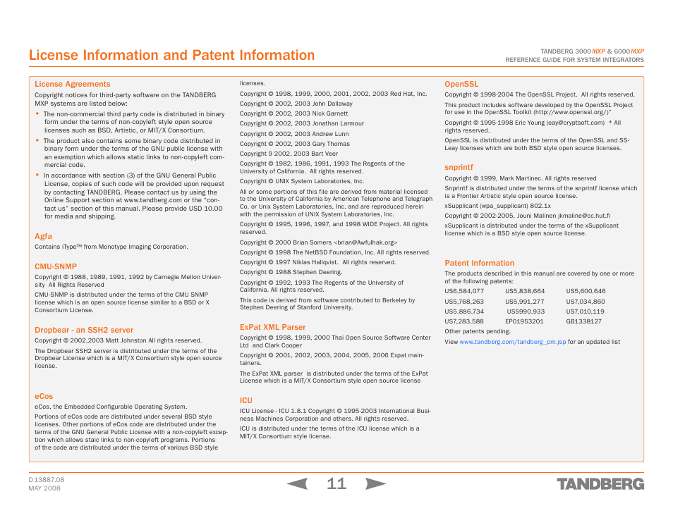 License information and patent information, License agreements, Patent information | License agreements patent information | TANDBERG 6000MXP User Manual | Page 11 / 242