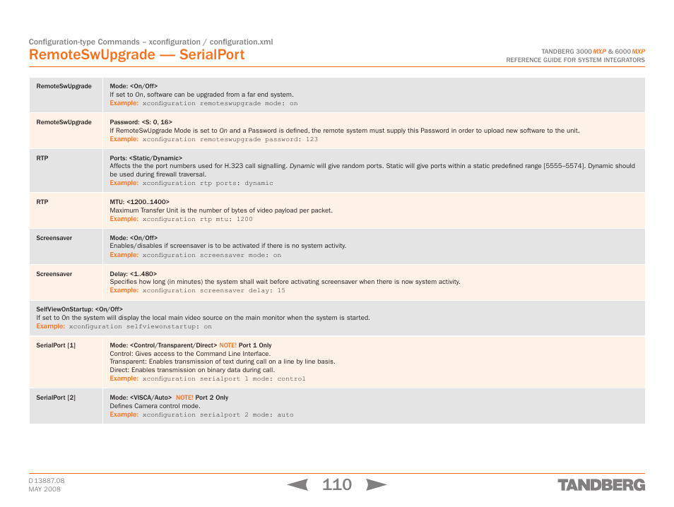 Remoteswupgrade, Screensaver, Selfviewonstartup: <on/off | Serialport [1, Serialport 1 mode: <control/transparent/direct, Remoteswupgrade — serialport | TANDBERG 6000MXP User Manual | Page 110 / 242