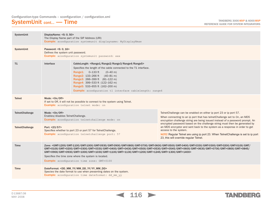 Telnet, Telnetchallenge, Time | T1 telnet telnetchallenge time, Systemunit, Cont | TANDBERG 6000MXP User Manual | Page 116 / 242