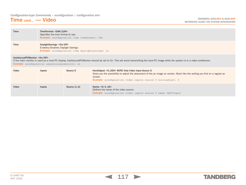 Useaslocalpcmonitor: <on/off, Video, Video inputs source 5 horizadjust: <0 | Useaslocalpcmonitor video, Time, Cont | TANDBERG 6000MXP User Manual | Page 117 / 242