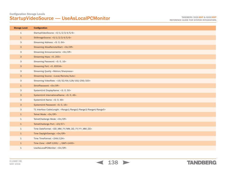 Startupvideosource — useaslocalpcmonitor | TANDBERG 6000MXP User Manual | Page 138 / 242