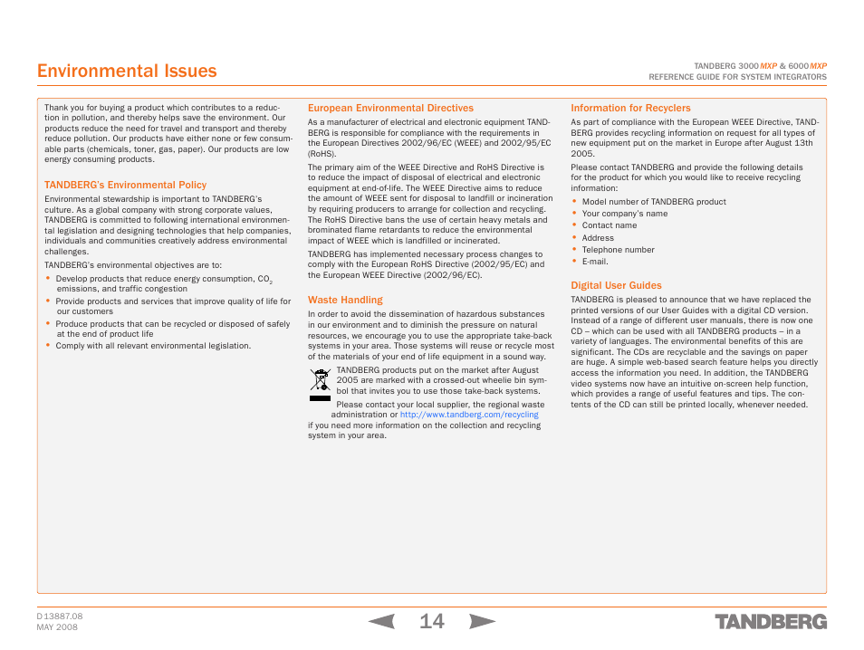 Environmental issues, Tandberg’s environmental policy, European environmental directives | Waste handling, Information for recyclers, Digital user guides | TANDBERG 6000MXP User Manual | Page 14 / 242