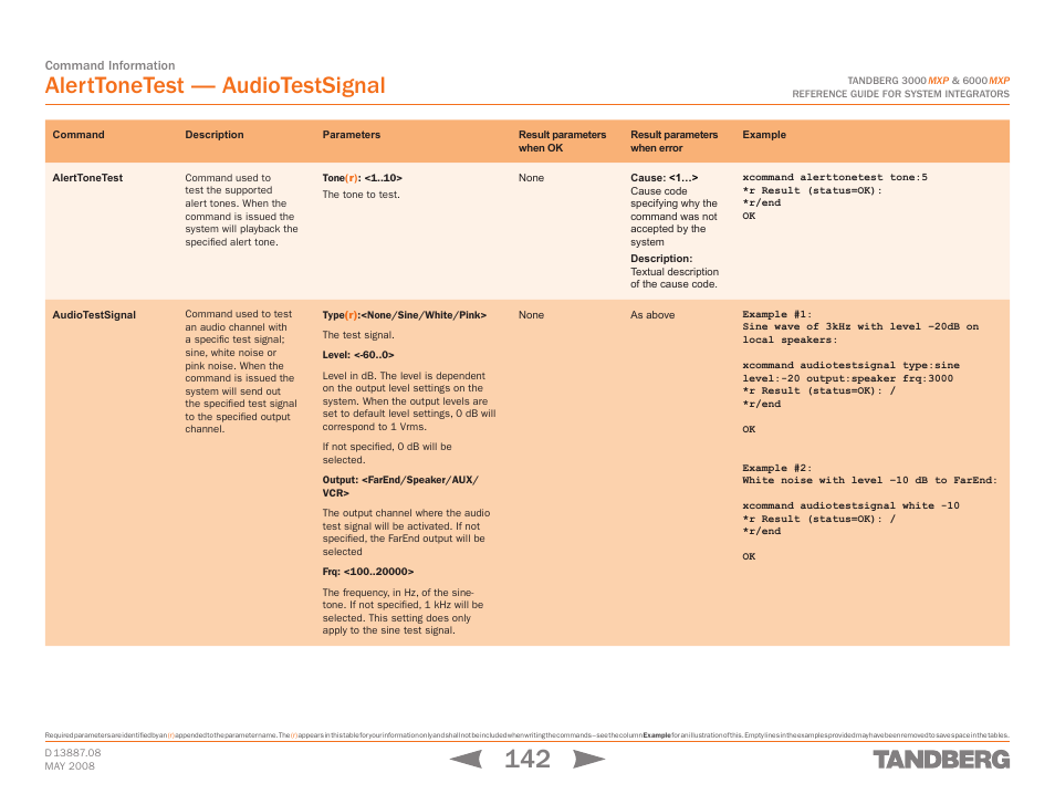 Alerttonetest, Audiotestsignal, Alerttonetest audiotestsignal | Xcomman, Alerttonetest — audiotestsignal | TANDBERG 6000MXP User Manual | Page 142 / 242