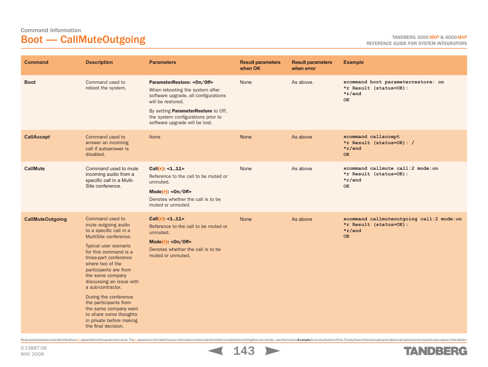 Boot, Callaccept, Callmute | Callmuteoutgoing, Boot callaccept callmute callmuteoutgoing, Boot — callmuteoutgoing | TANDBERG 6000MXP User Manual | Page 143 / 242