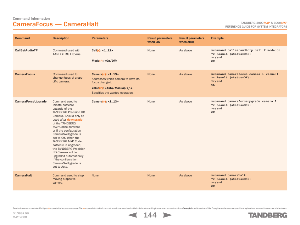 Callsetaudiotp, Camerafocus, Cameraforceupgrade | Camerahalt, Callsetaudiotp camerafocus cameraforceupgrade, Applies to t, Camerafocus — camerahalt | TANDBERG 6000MXP User Manual | Page 144 / 242