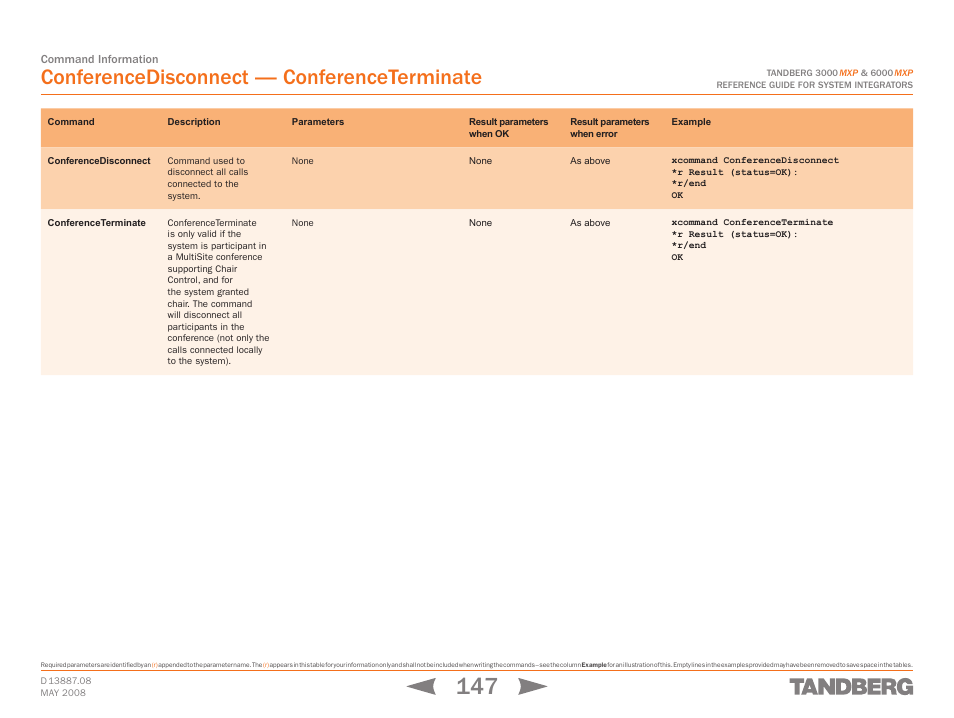 Conferencedisconnect, Conferenceterminate, Conferencedisconnect conferenceterminate | Conferencedisconnect — conferenceterminate | TANDBERG 6000MXP User Manual | Page 147 / 242