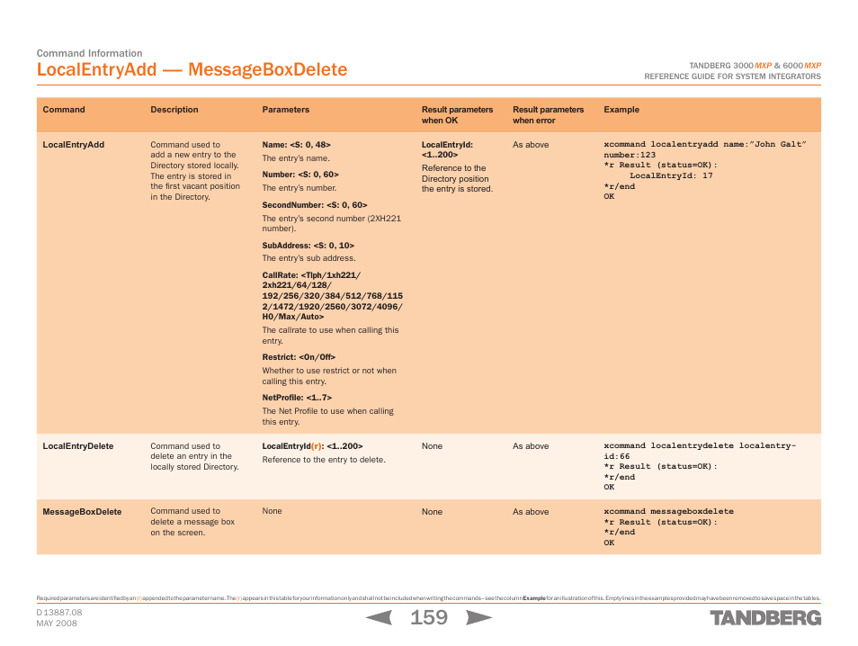 Localentryadd, Localentrydelete, Messageboxdelete | Localentryadd localentrydelete messageboxdelete, Localentryadd — messageboxdelete | TANDBERG 6000MXP User Manual | Page 159 / 242
