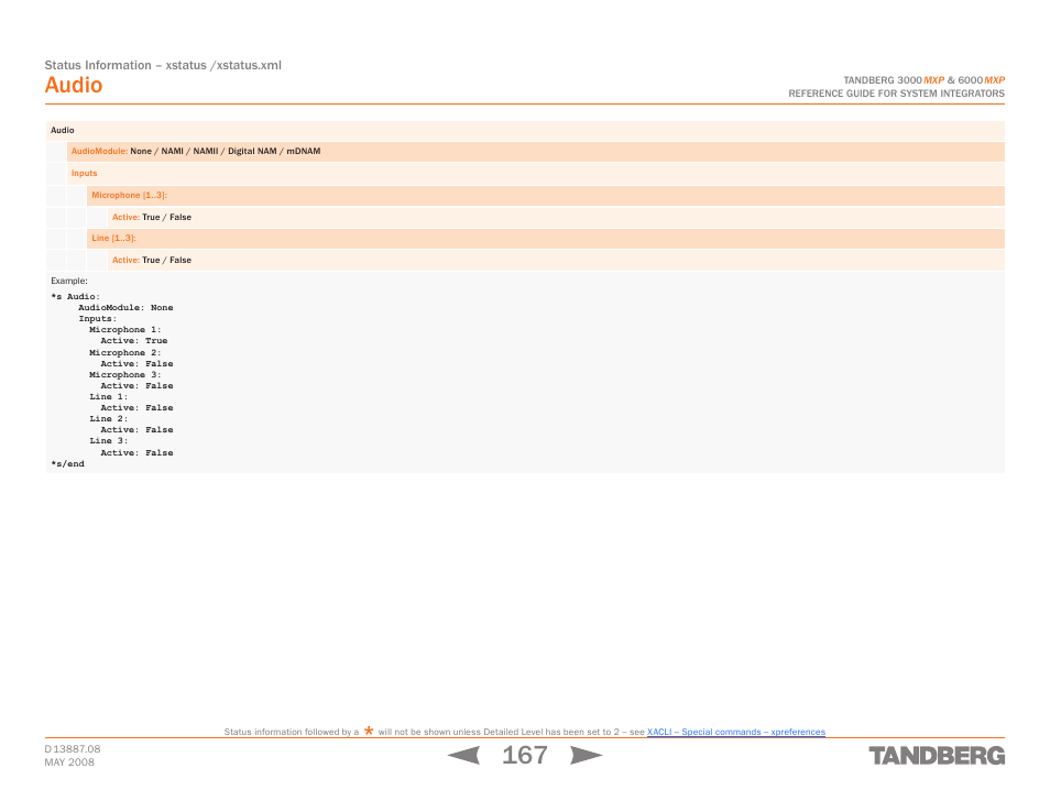Audio, Xstatu | TANDBERG 6000MXP User Manual | Page 167 / 242