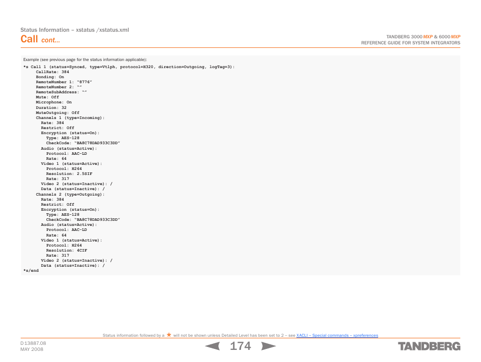 Call, Cont | TANDBERG 6000MXP User Manual | Page 174 / 242