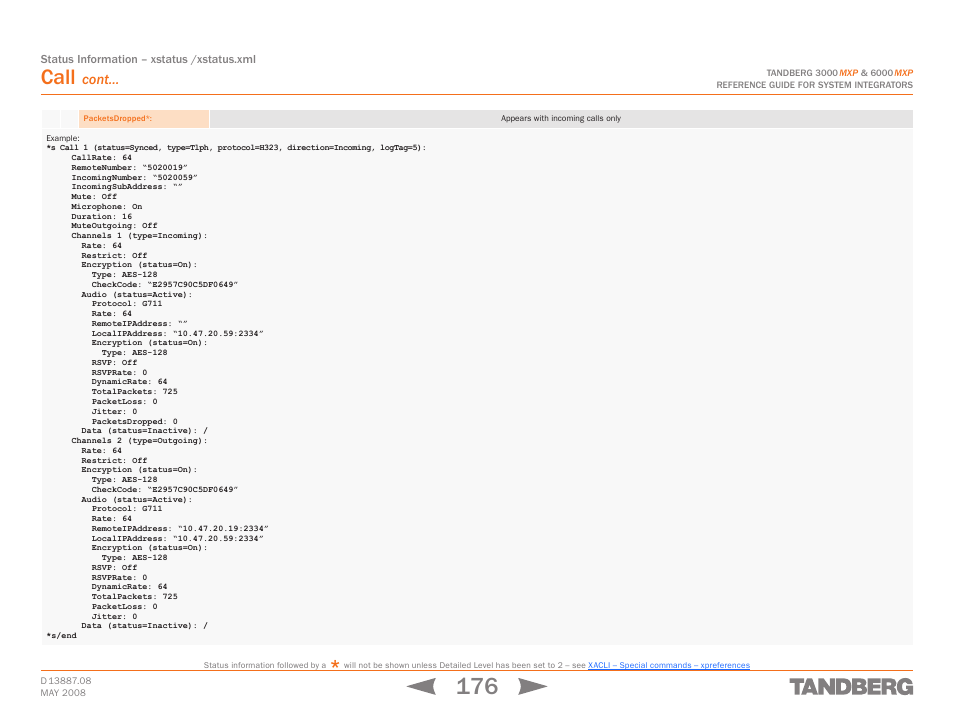 Call, Cont | TANDBERG 6000MXP User Manual | Page 176 / 242