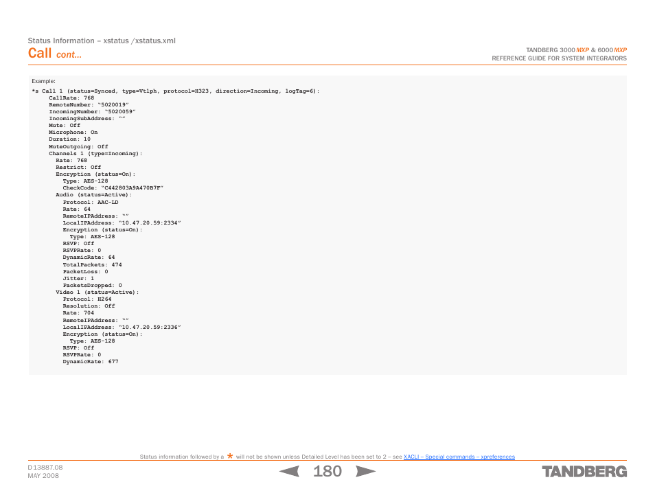 Call, Cont | TANDBERG 6000MXP User Manual | Page 180 / 242