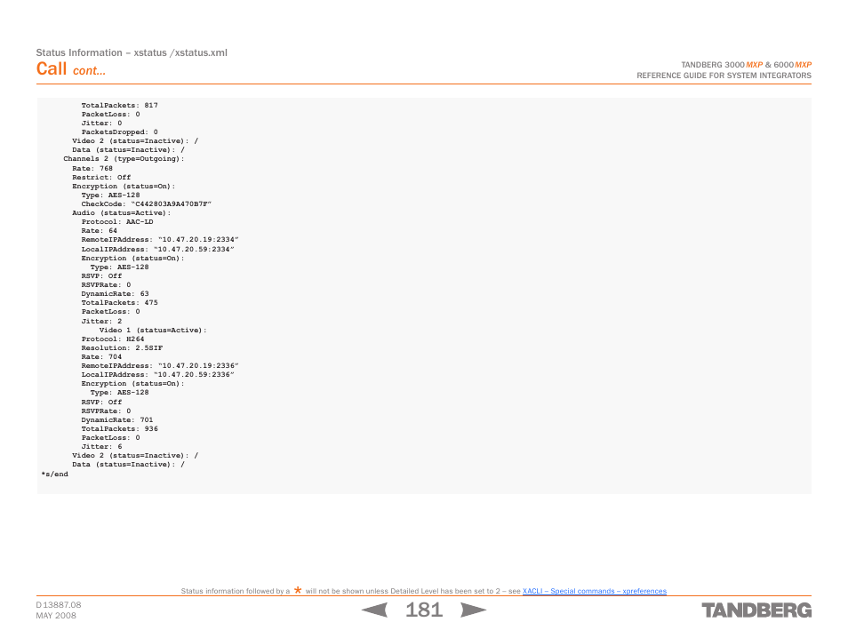 Call, Cont | TANDBERG 6000MXP User Manual | Page 181 / 242