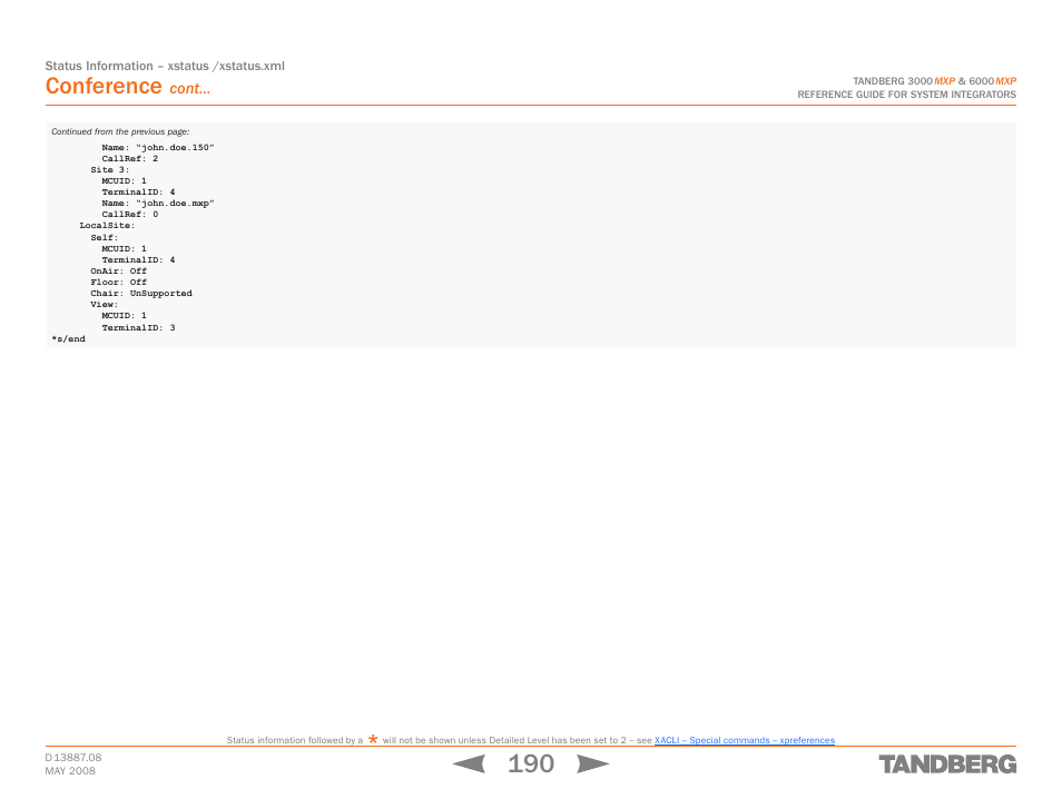 Conference, Cont | TANDBERG 6000MXP User Manual | Page 190 / 242