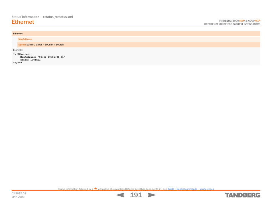Ethernet | TANDBERG 6000MXP User Manual | Page 191 / 242