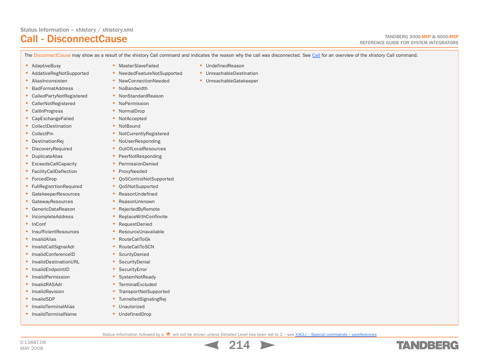 Call - disconnectcause, Reference guide for system integrators, Disconnectcause | For an o | TANDBERG 6000MXP User Manual | Page 214 / 242