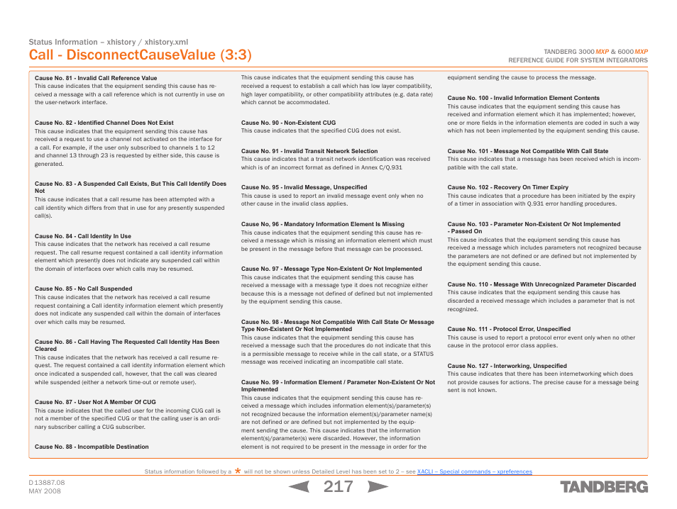 Call - disconnectcausevalue (3:3) | TANDBERG 6000MXP User Manual | Page 217 / 242